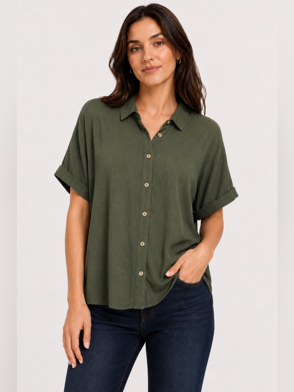 Bobeau Olive Green Oversized Button-Up Blouse | Luxe Rayon Draped Top